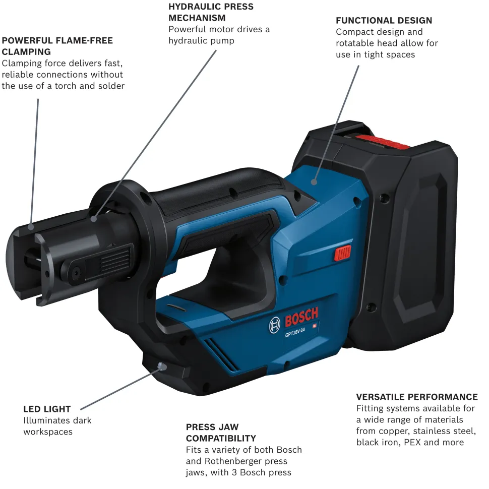 Bosch Power Tools Press Tool W/ 1/2", 3/4", 1" Jaws GPT18V-24L14