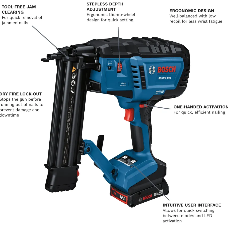 Bosch Power Tools 18V 18-Gauge Brad Nailer Kit GNH18V-18MB12