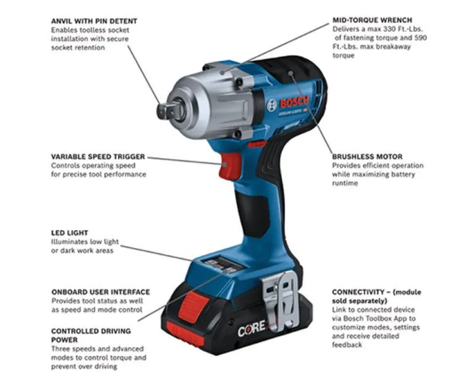 Bosch 18V Brushless 1/2" Mid-Torque Impact Wrench with Pin Detent Kit GDS18V-330PCB25