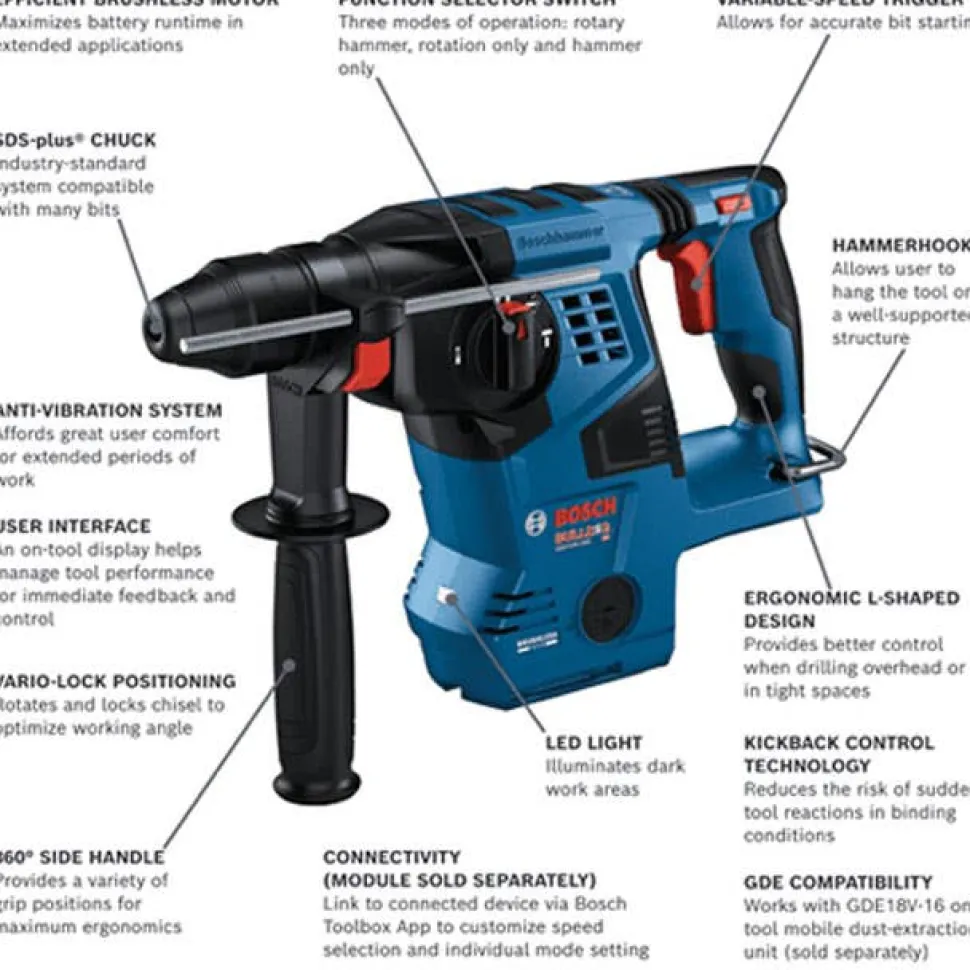 Bosch 18V Brushless Connected-Ready SDS-PLUS Bulldog 1-1/8" Rotary Hammer (Bare Tool) GBH18V-28CN