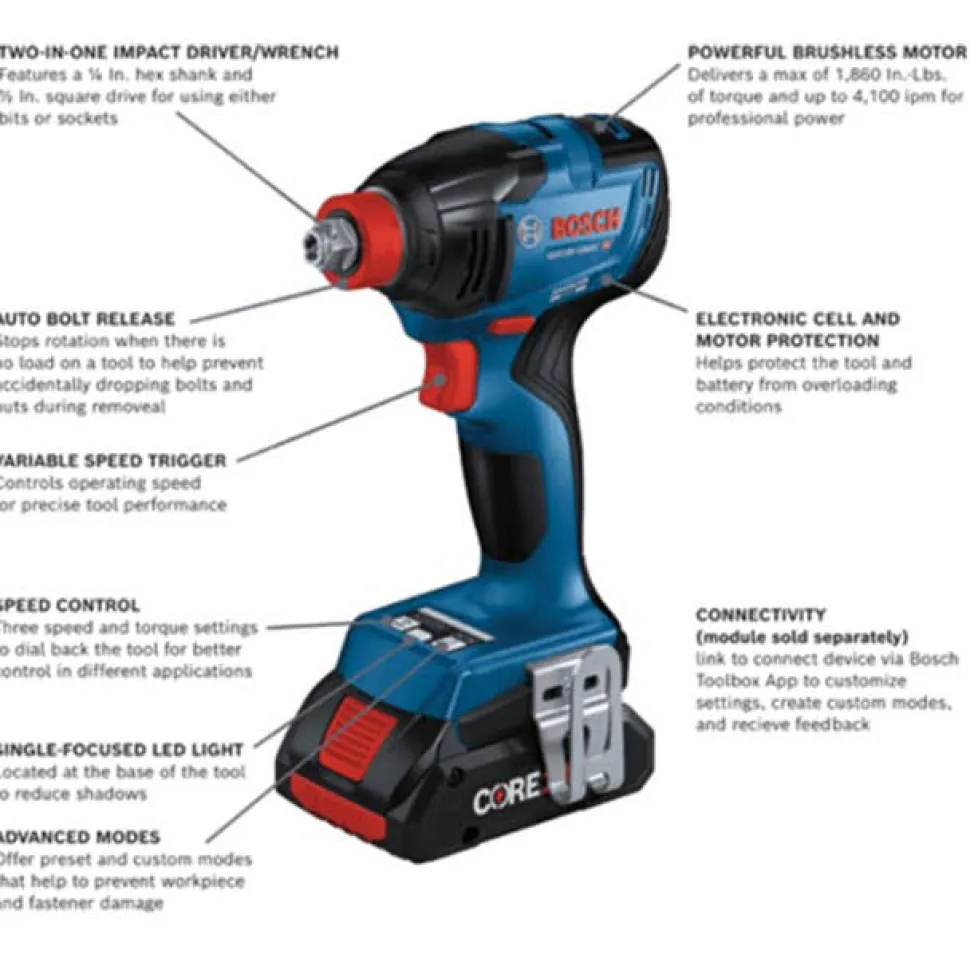 Bosch 18V Connected-Ready 1/4" & 1/2" Impact Driver & Wrench Kit GDX18V-1860CB25