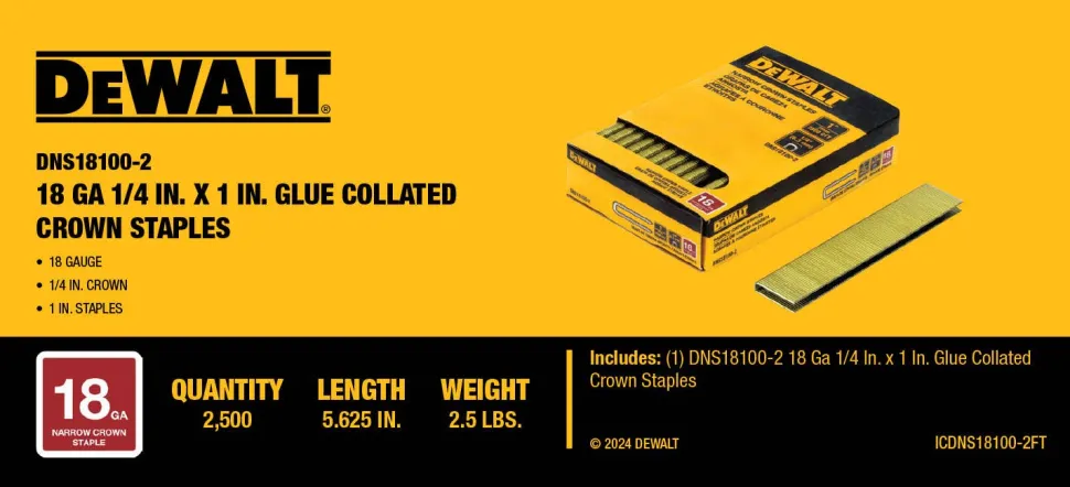 DeWalt 18 Gauge Narrow Crown Stables 1/4" Crown 1" Staples - 2,500PK DNS18100-2