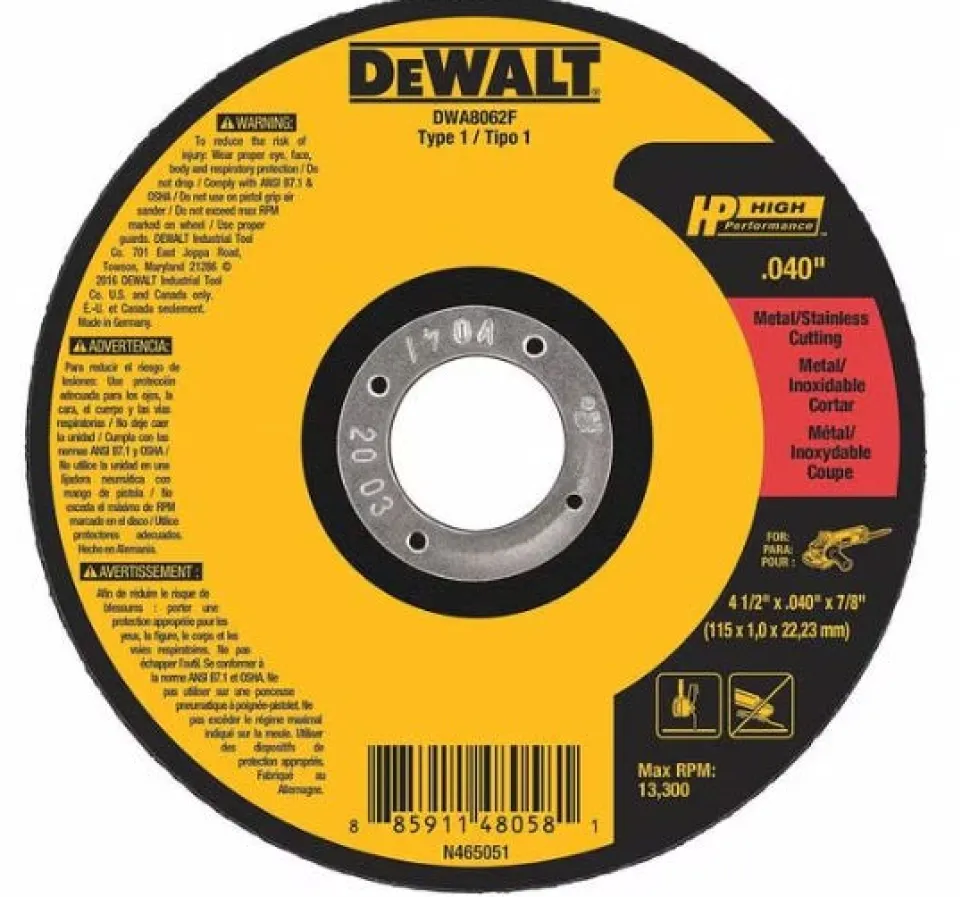 DeWalt 4-1/2" X 0.040" X 7/8" Cut-Off Wheel Metal Cutting General Purpose DWA8062F