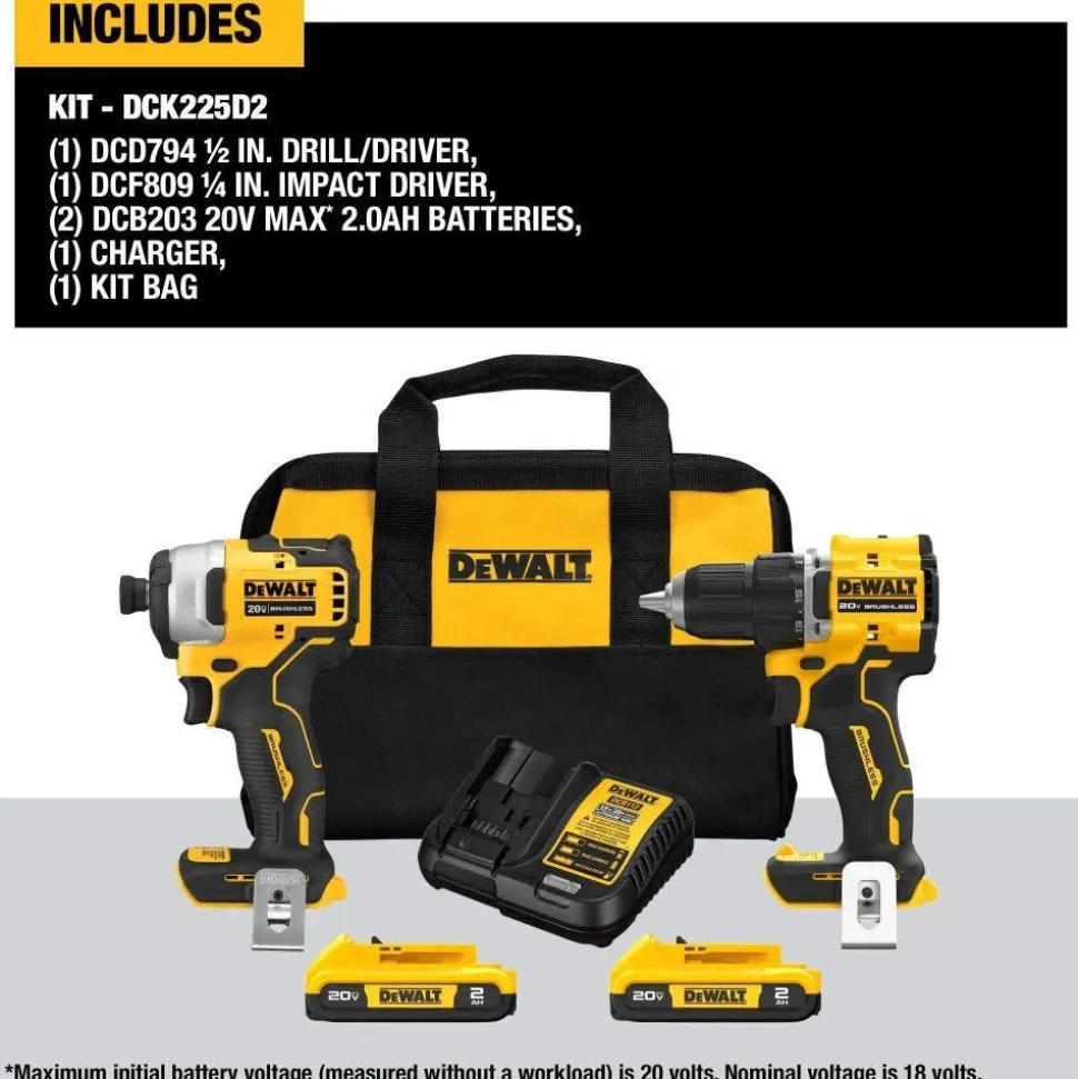 DeWalt ATOMIC 20V MAX Brushless 1/2" Drill Driver, 1/4" Impact Driver Kit DCK225D2