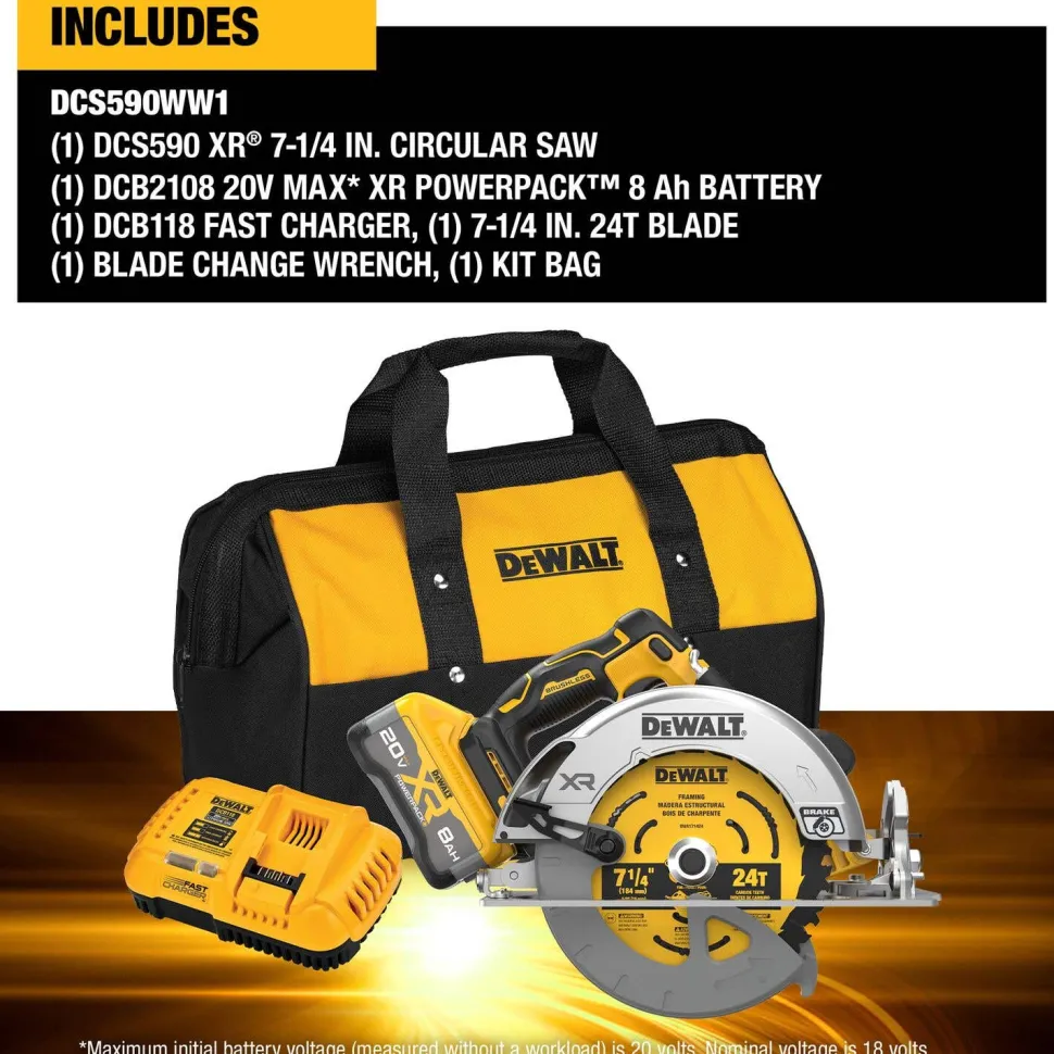 DeWalt 20V MAX Lithium-Ion 7-1/4" Cordless Circular Saw Kit with 80 Ah Battery, Charger and Kit Bag DCS590WW1