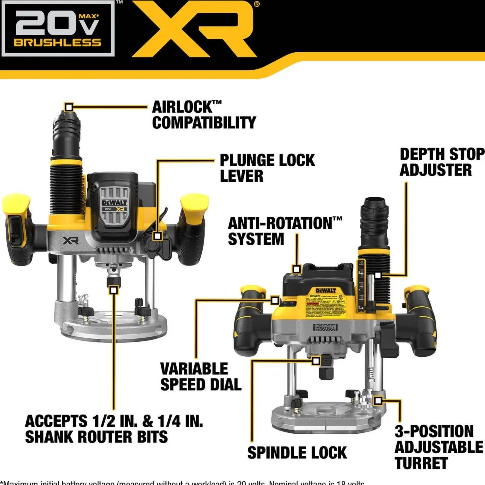 DeWalt 20V MAX* XR 2-1/4 Peak HP Plunge Router (Tool Only) DCW620B