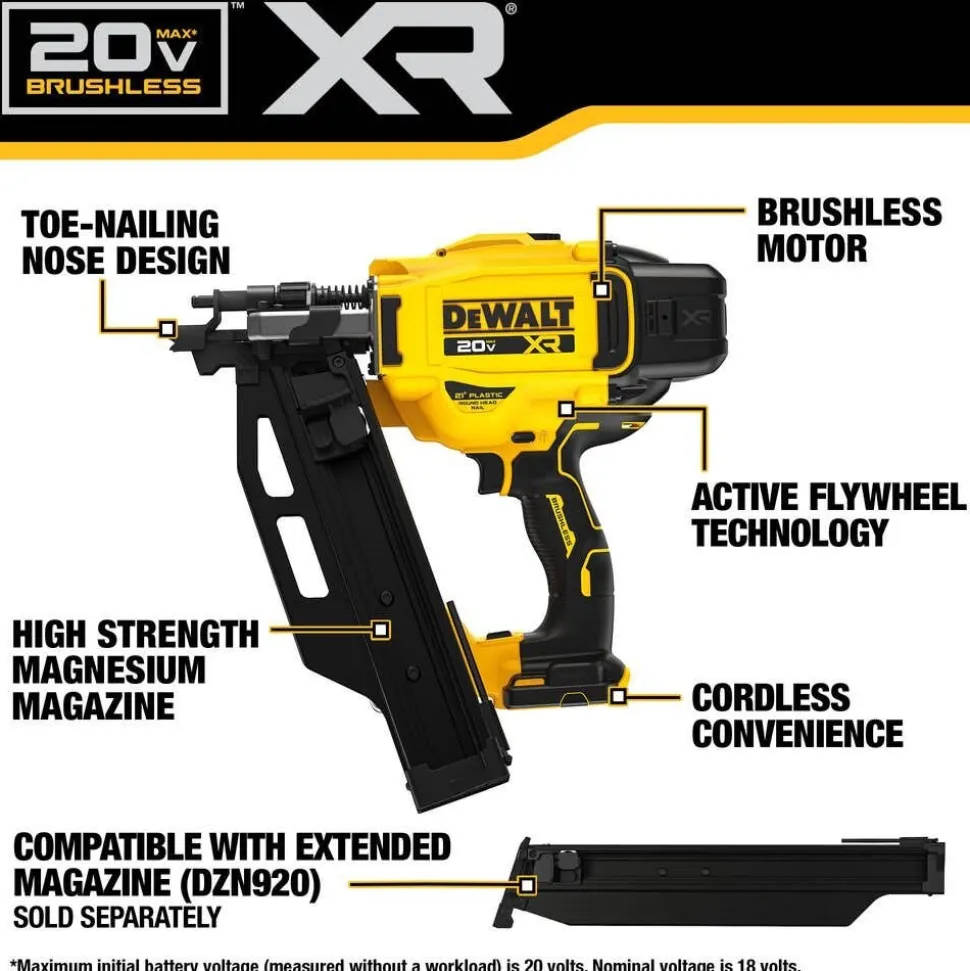 DeWalt 20V MAX XR Brushless Cordless 21 Degree Plastic Collated Framing Nailer (Tool Only) DCN920B