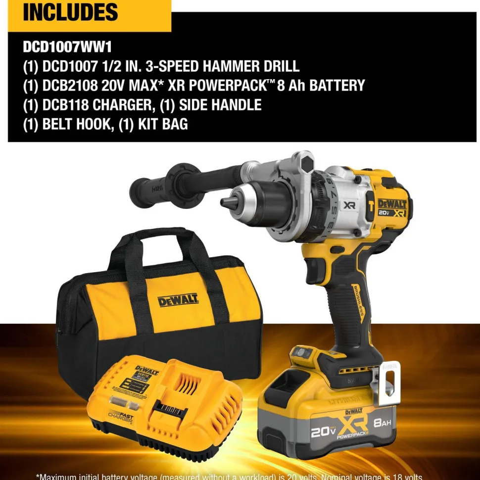 DeWalt 20V MAX* XR Brushless Cordless 1/2" Hammer Drill Kit DCD1007WW1