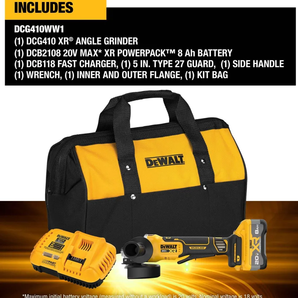 DeWalt 20V XR Lithium-Ion Cordless 4-1/2" to 5" Angle Grinder Kit with 80 Ah Battery, Charger and Kit Bag DCG410WW1