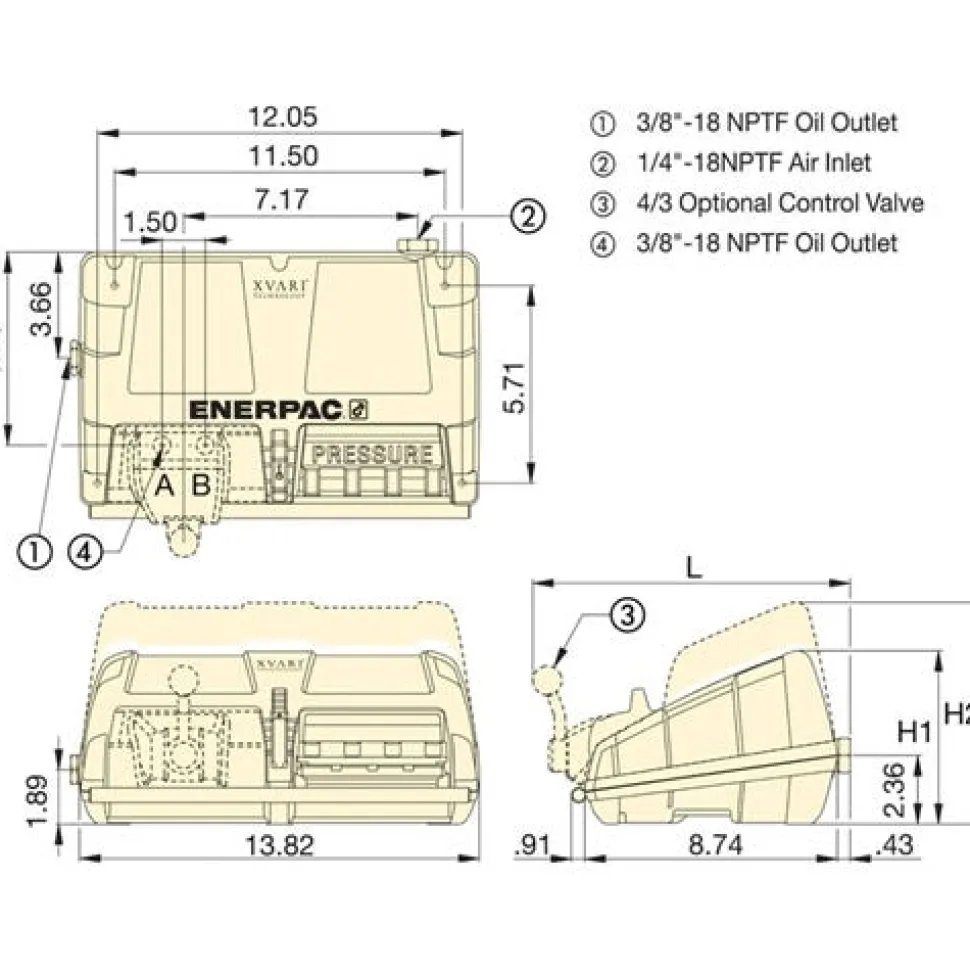 Enerpac Air Driven Hydraulic Pump w/ 61 in3 Usable Oil & Integrated Pressure Gauge For Single-Acting Cylinder/Tool XA11G