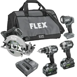 FLEX 24V 1/2" Hammer Drill, Impact Driver, 7-1/4" Circular Saw, Work Light Kit (3.5Ah/6.0Ah Stacked) FXM403-2G