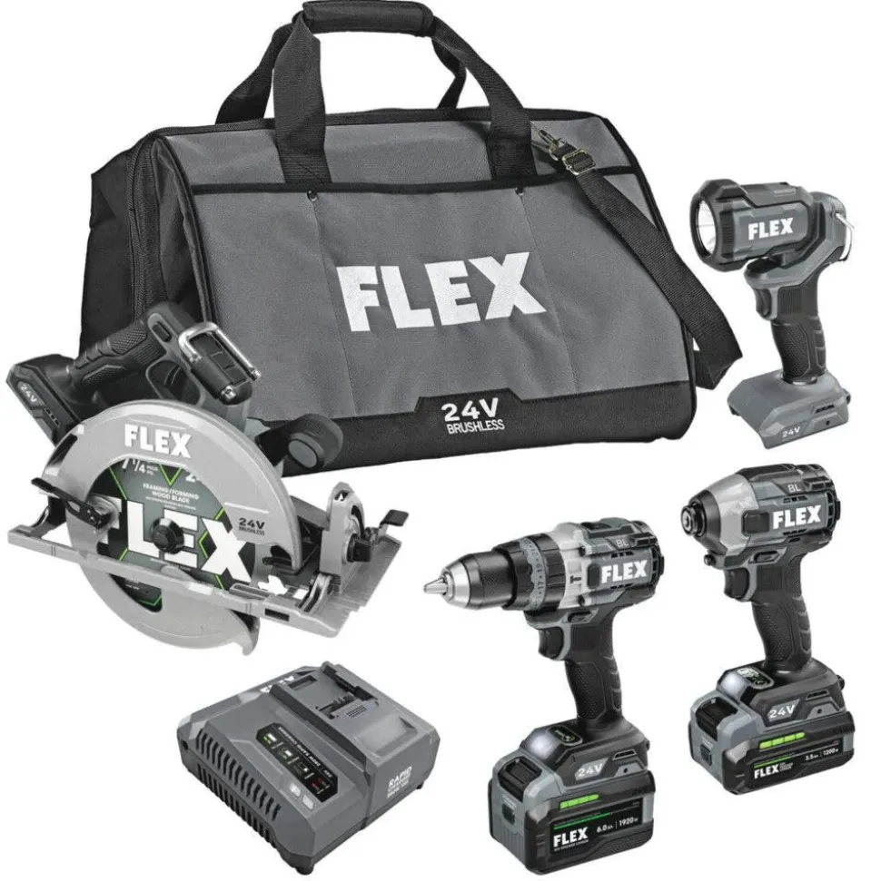 FLEX 24V 1/2" Hammer Drill, Impact Driver, 7-1/4" Circular Saw, Work Light Kit (3.5Ah/6.0Ah Stacked) FXM403-2G