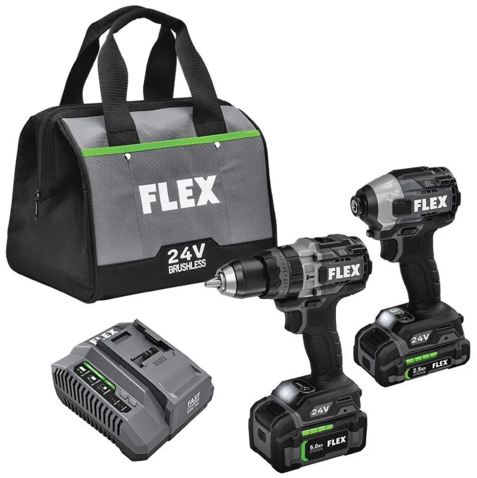 Flex 24V 1/2" Hammer Drill Turbo Mode & Impact Driver 2-Tool Combo Kit (2.5Ah/5.0Ah) FXM202-2B