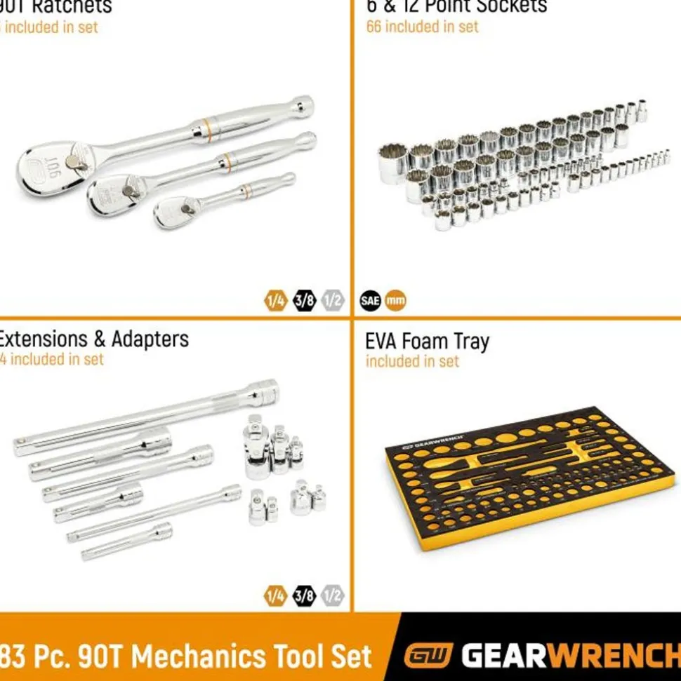 Gearwrench 83 Piece 1/4" - 3/8" & 1/2" 90-Tooth SAE/Metric Mechanics Tool Set w/ Foam Storage Tray 86529