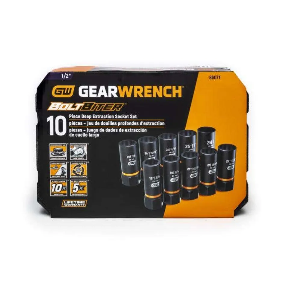 Gearwrench 10 Piece 1/2" Drive Bolt Biter Deep Extraction Socket Set 86071