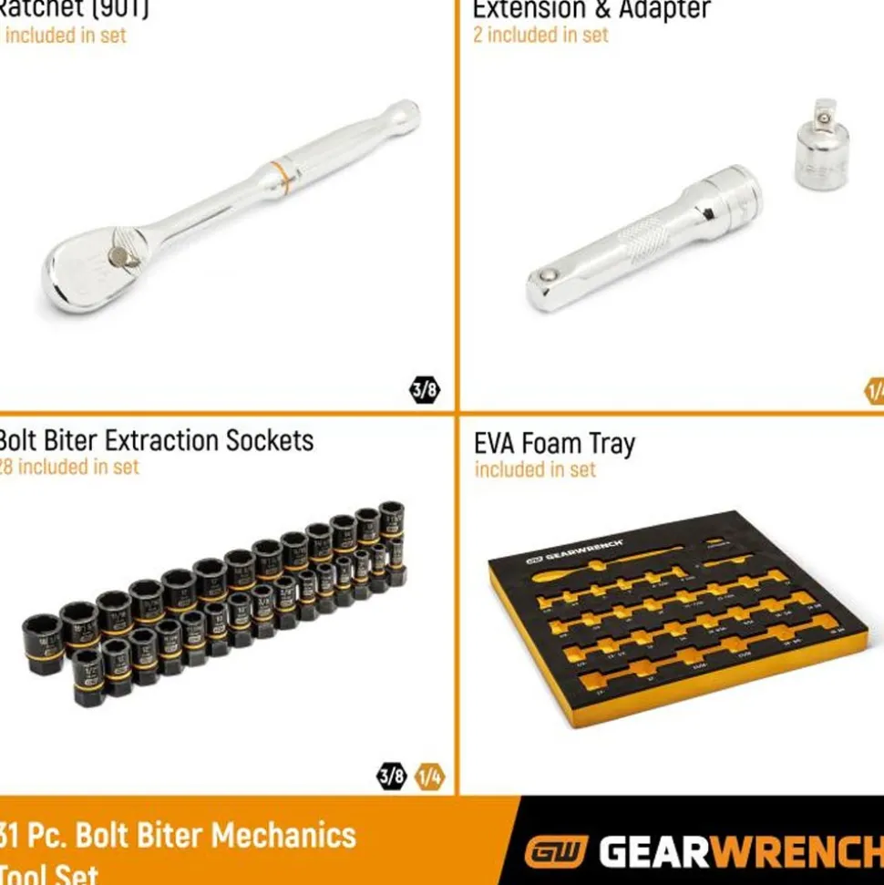 Gearwrench 31 Piece 3/8" Drive 90T Ratchet & Bolt Biter Socket Set w/ Foam Storage Tray 86525