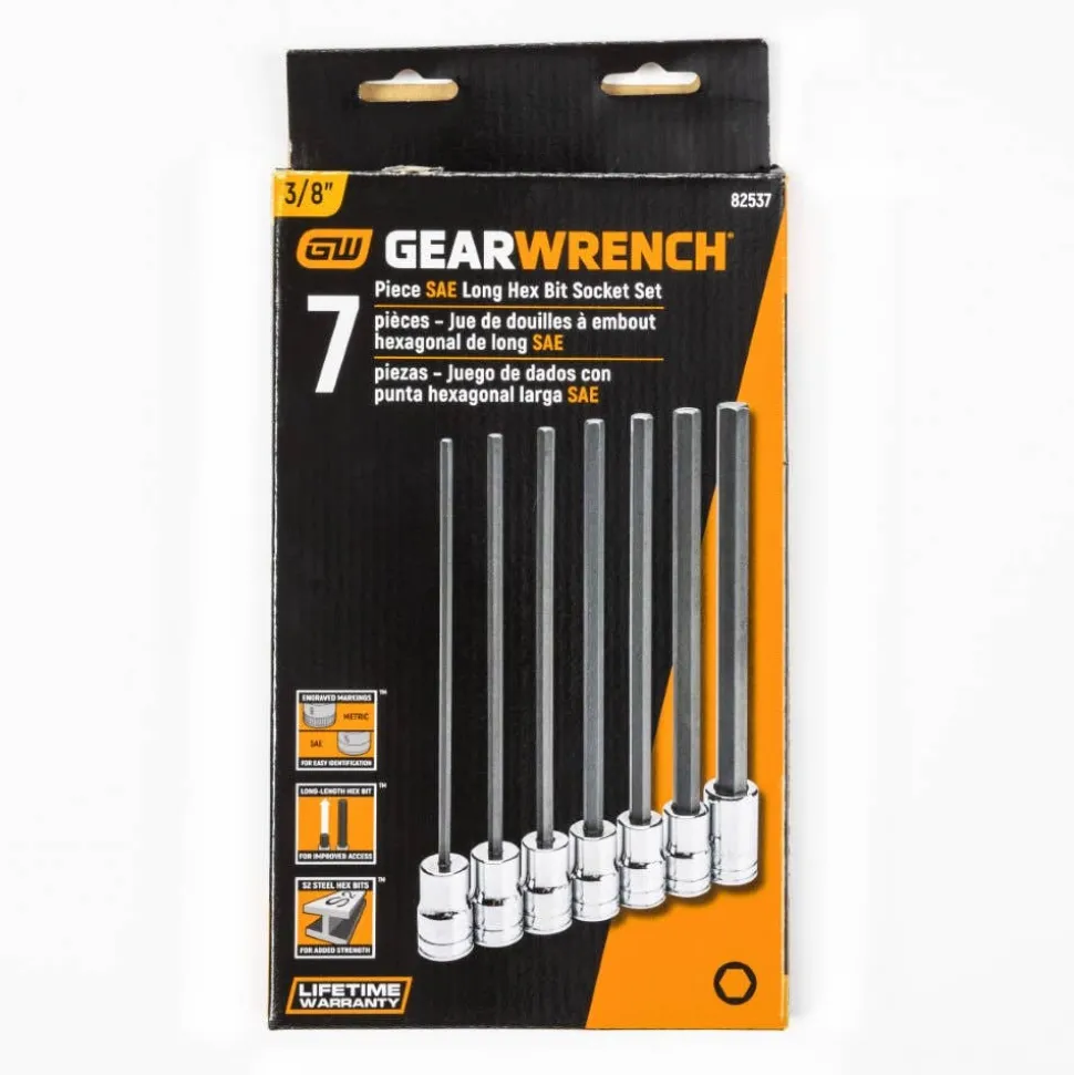 Gearwrench 7 Piece 3/8" Long Length Hex Bit SAE Socket Set 82537