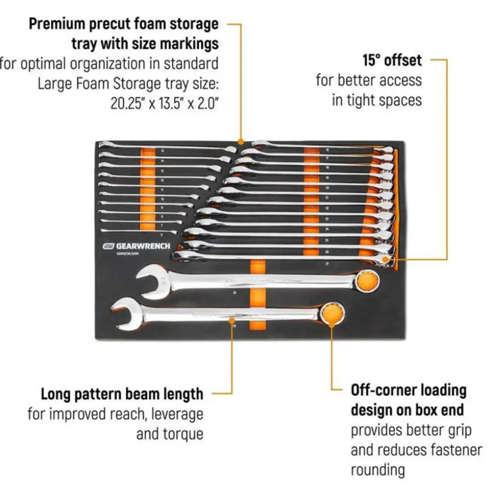 Gearwrench 24 Piece 12 Point Long Pattern Combination Metric Wrench Set w/ Foam Storage Tray GWMSCWL12MM