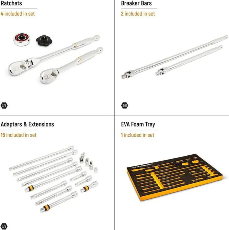 Gearwrench 21 Piece 3/8" 90-Tooth Ratchet & Drive Tool Set w/ Foam Storage Tray 86521