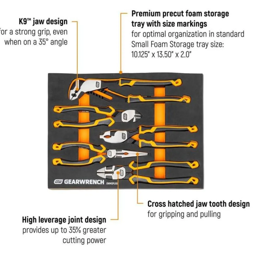 Gearwrench 5 Piece PITBULL Cushion Grip Pliers Set w/ Foam Storage Tray GWMSPLR01
