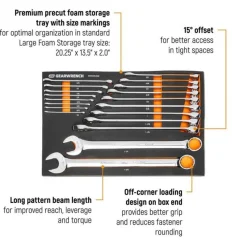 Gearwrench 19 Piece12 Point Long Pattern Combination SAE Wrench Set w/ Foam Storage Tray GWMSCWL12SAE