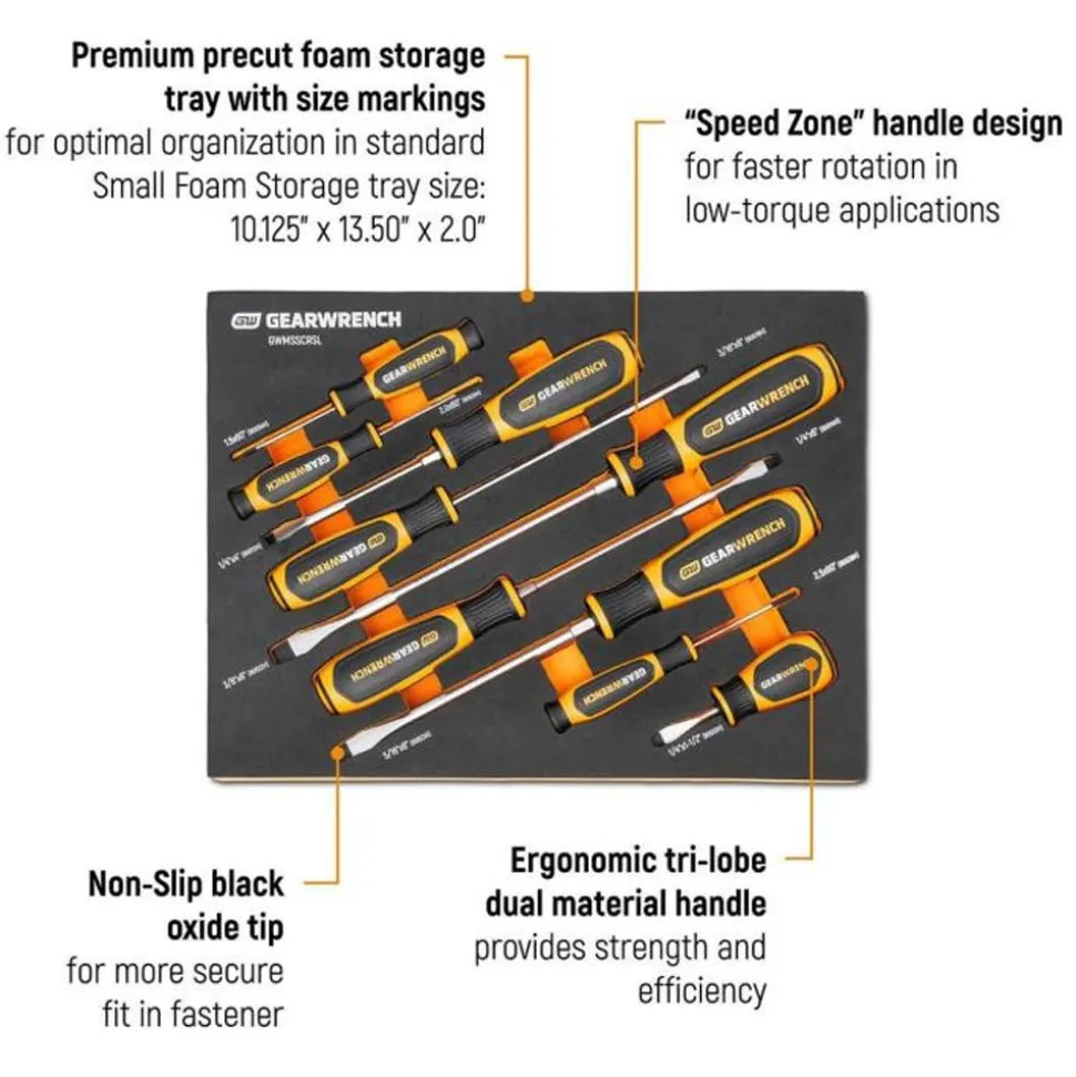 Gearwrench 9 Piece Slotted Dual Material Screwdriver Set w/ Foam Storage Tray GWMSSCRSL
