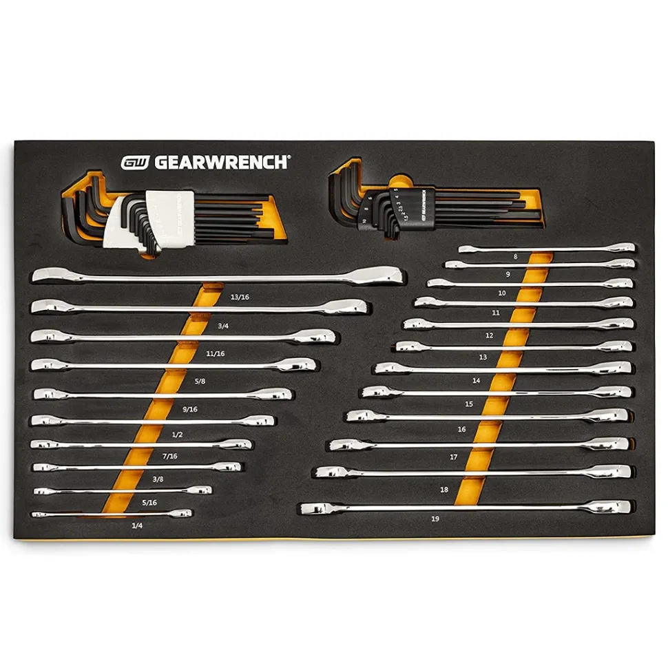 Gearwrench 44 Piece 90T SAE/Metric Combination Ratcheting Wrench & Long Arm Hex Key Set w/ Foam Storage Tray 86528