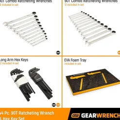 Gearwrench 44 Piece 90T SAE/Metric Combination Ratcheting Wrench & Long Arm Hex Key Set w/ Foam Storage Tray 86528