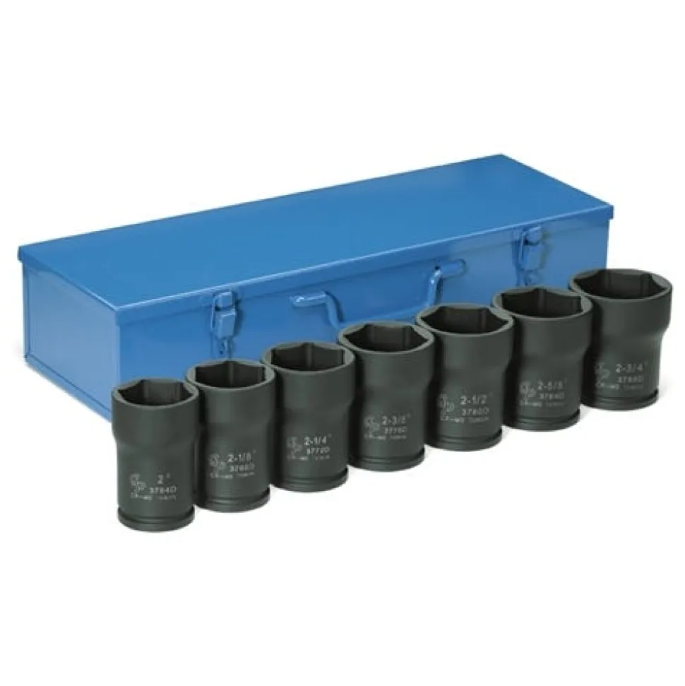 Grey Pneumatic 7 Piece 3/4" Drive 6-Point Deep Length Pinion Nut Impact Socket Set (SAE) 8370