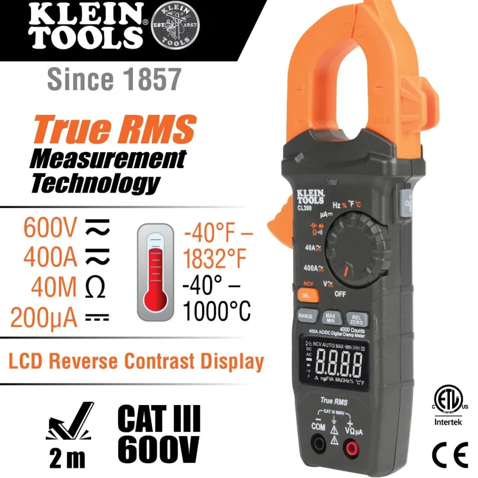 Klein AC/DC Digital Clamp Meter, Auto-Ranging 400 Amp CL390