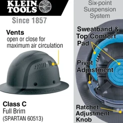 Klein Carbon Fiber Full Brim Hard Hat, Spartan 60513