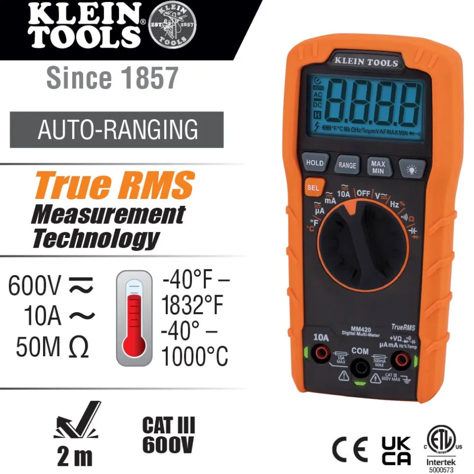 Klein Digital Multimeter, TRMS Auto-Ranging, 600V, Temp MM420