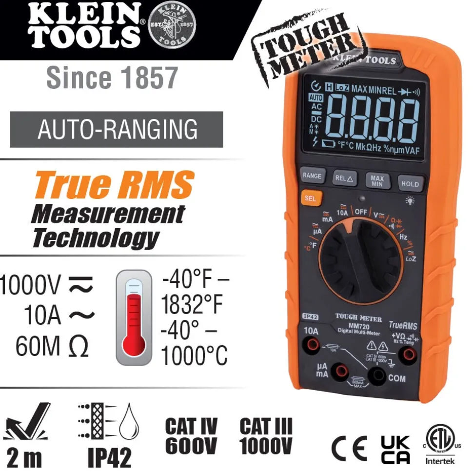 Klein Digital Multimeter, TRMS Auto-Ranging, 1000V, Temp, Low Impedance MM720