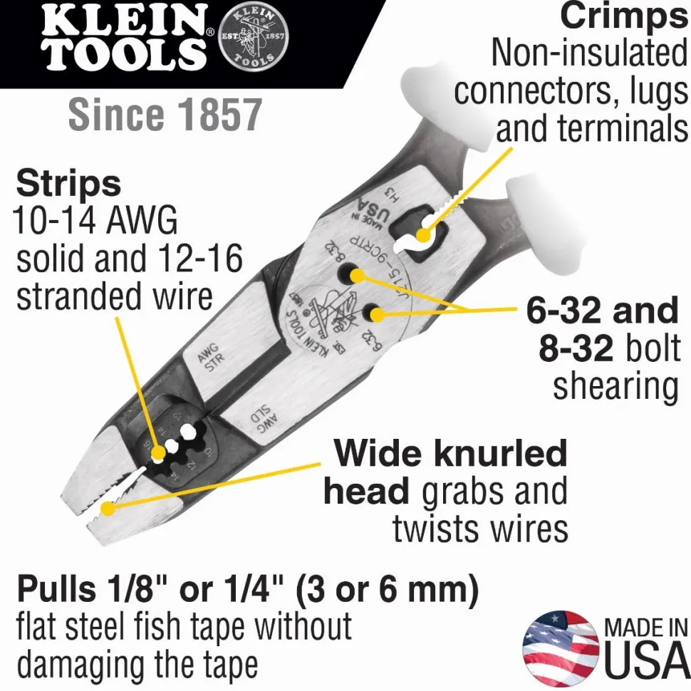 Klein Hybrid Pliers with Crimper, Fish Tape Puller and Wire Stripper J2159CRTP
