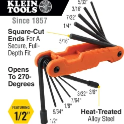Klein Pro Folding Hex Key Set, 11-Key, SAE Sizes 70550