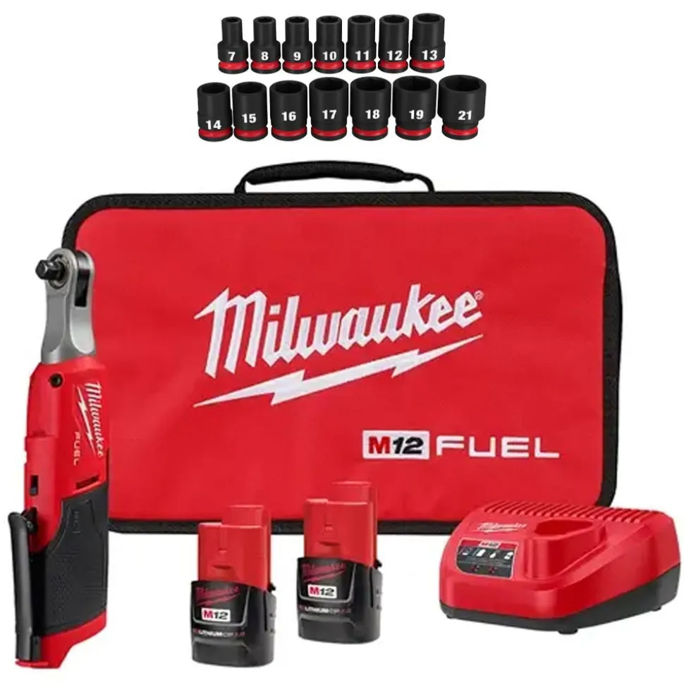 M12 FUEL 3/8" High Speed Ratchet w/ 14 Piece Shockwave Impact Duty 3/8" Drive Metric Standard 6 Point Socket Set Bundle