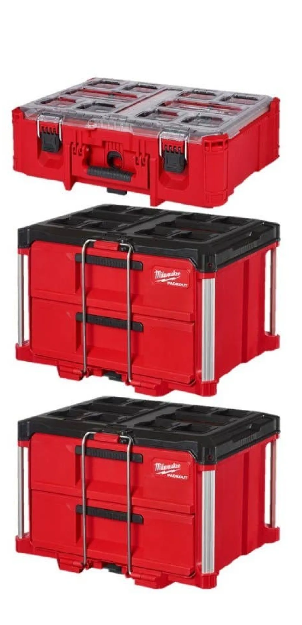 Milwaukee (2) PACKOUT 2-Drawer Tool Boxes & PACKOUT Deep Organizer