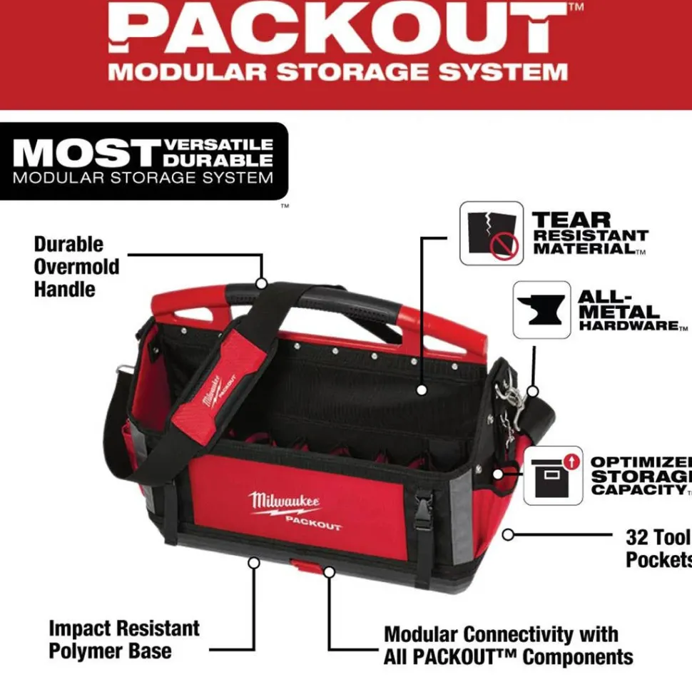Milwaukee 20" PACKOUT Open Tote Tool Bag 32 Pockets 48-22-8320