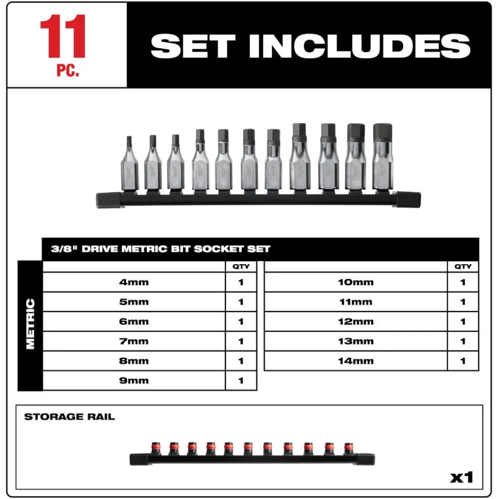 Milwaukee 11 Piece 3/8" Drive Hex Bit Socket Set - Metric 48-22-9543