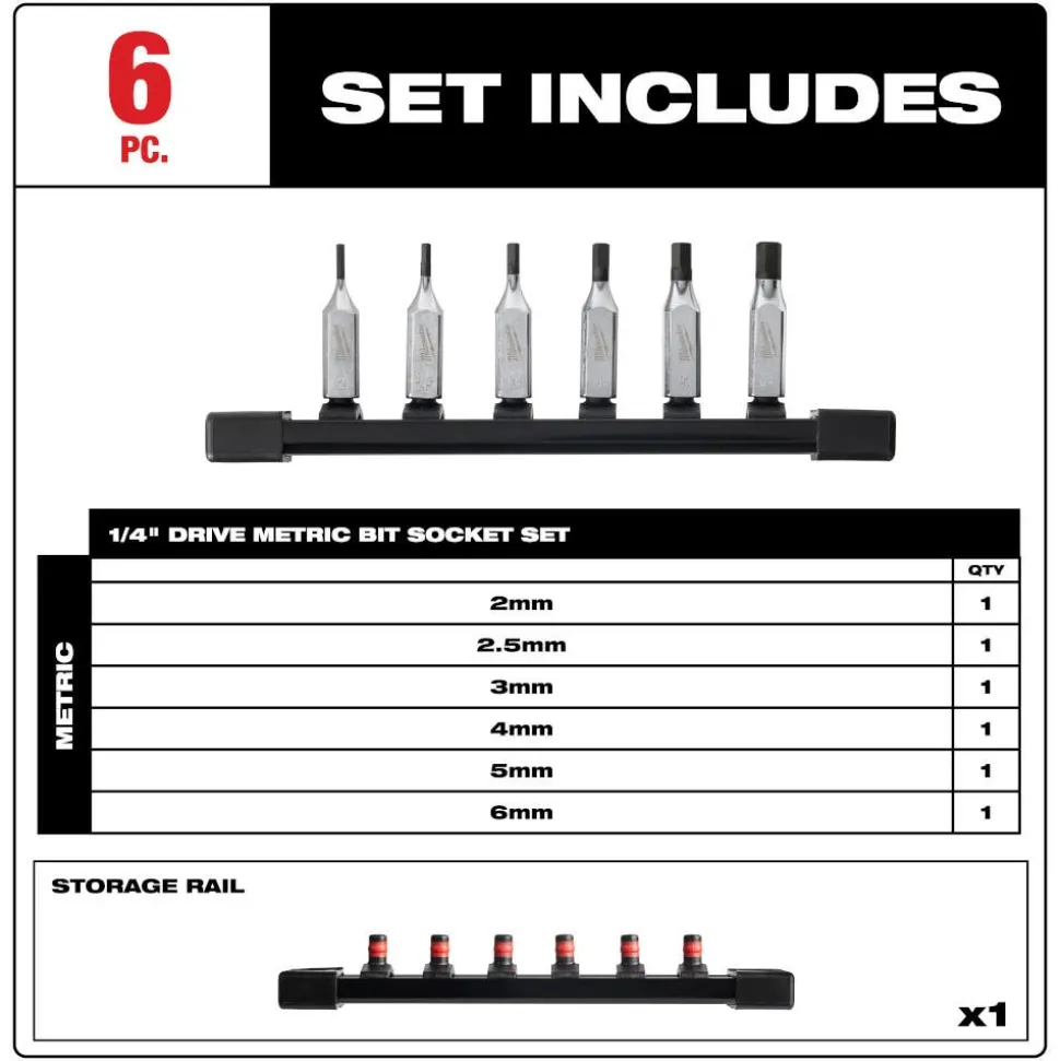 Milwaukee 6 Piece 1/4" Drive Hex Bit Socket Set - Metric 48-22-9541