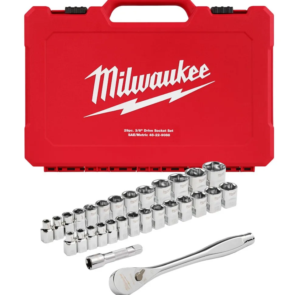 Milwaukee 29 Piece 3/8" Drive Metric & SAE Ratchet and Socket Set w/ FOUR FLAT SIDES 48-22-9088
