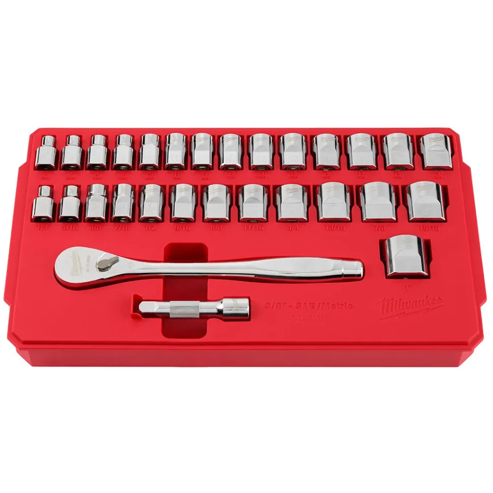 Milwaukee 29 Piece 3/8" Drive Metric & SAE Ratchet and Socket Set w/ FOUR FLAT SIDES 48-22-9088
