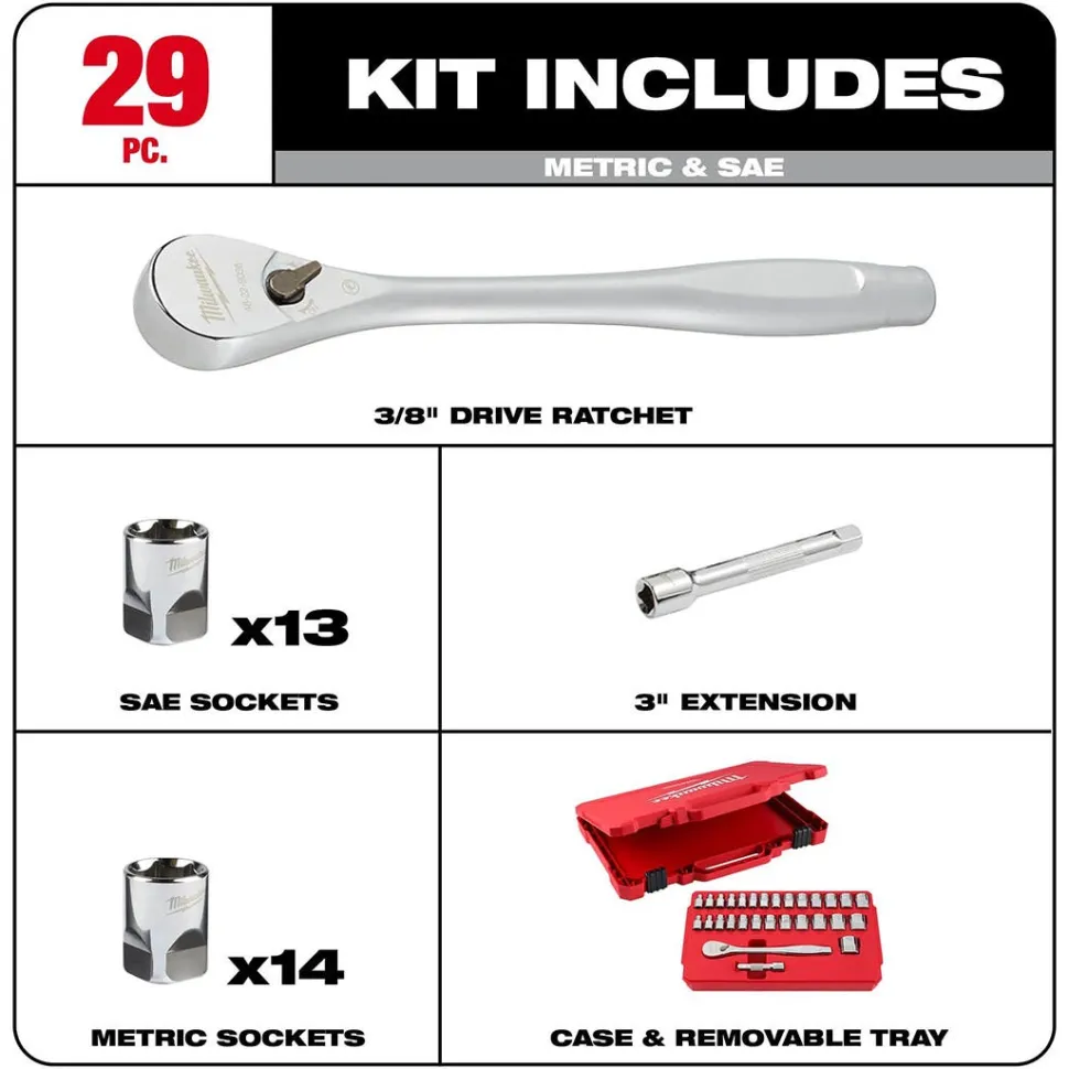 Milwaukee 29 Piece 3/8" Drive Metric & SAE Ratchet and Socket Set w/ FOUR FLAT SIDES 48-22-9088