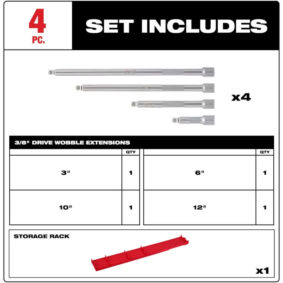 Milwaukee 4 Piece 3/8" Drive Wobble Extension Set 48-22-9351