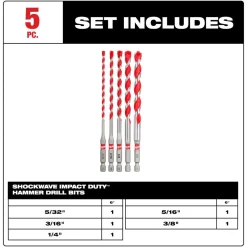 Milwaukee 5 Piece SHOCKWAVE Impact Duty Carbide Hammer Drill Bit Set 48-20-9051