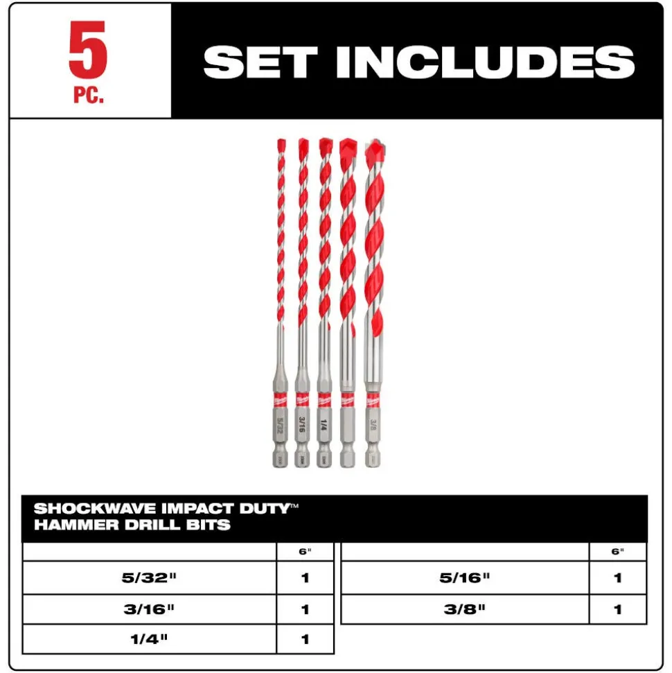 Milwaukee 5 Piece SHOCKWAVE Impact Duty Carbide Hammer Drill Bit Set 48-20-9051