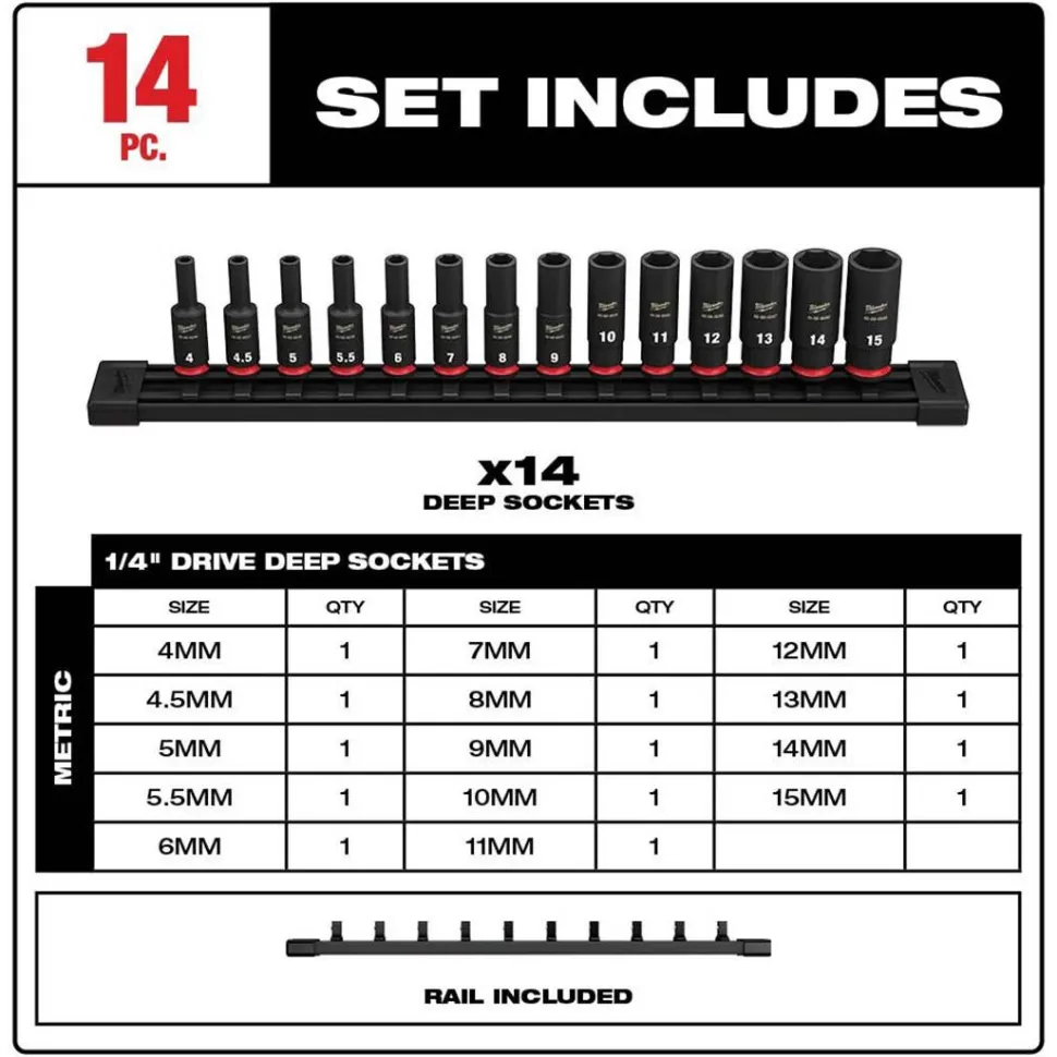Milwaukee 14 Piece Shockwave Impact Duty 1/4" Metric Deep 6 Point Socket Set 49-66-7003