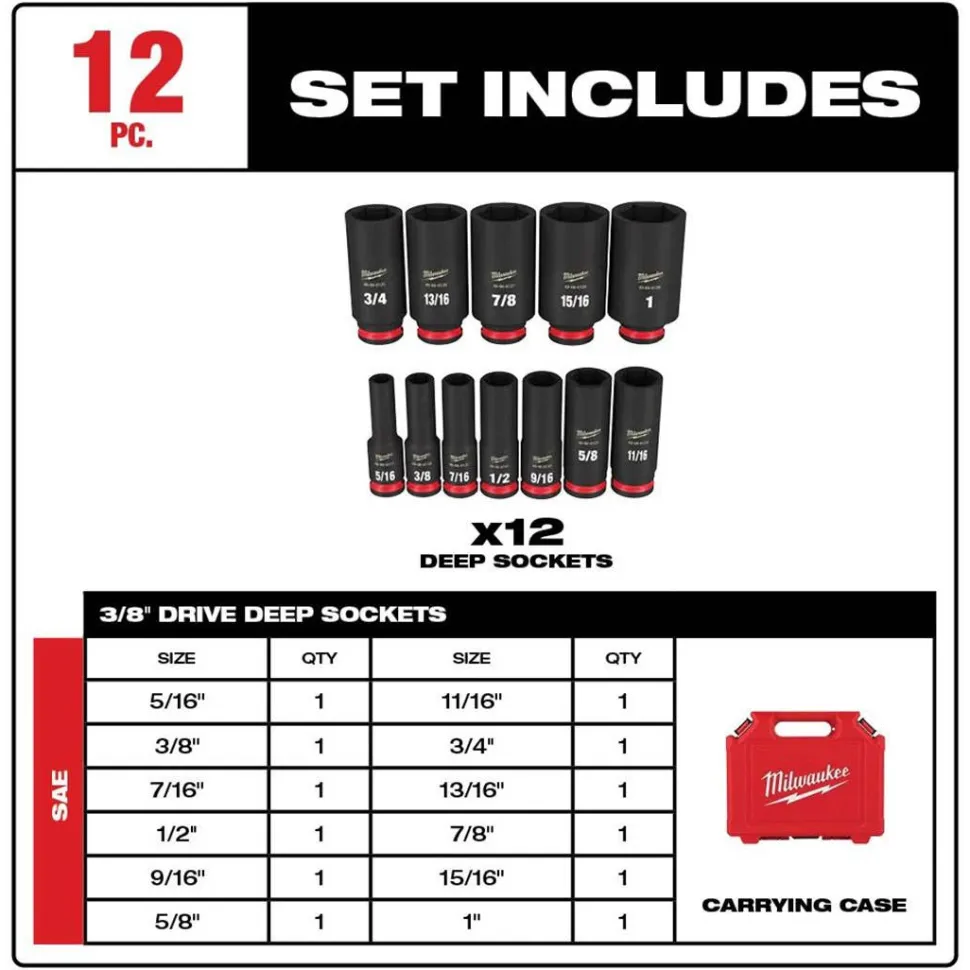 Milwaukee 12 Piece Shockwave Impact Duty 3/8" Drive SAE Deep 6 Point Socket Set 49-66-7006