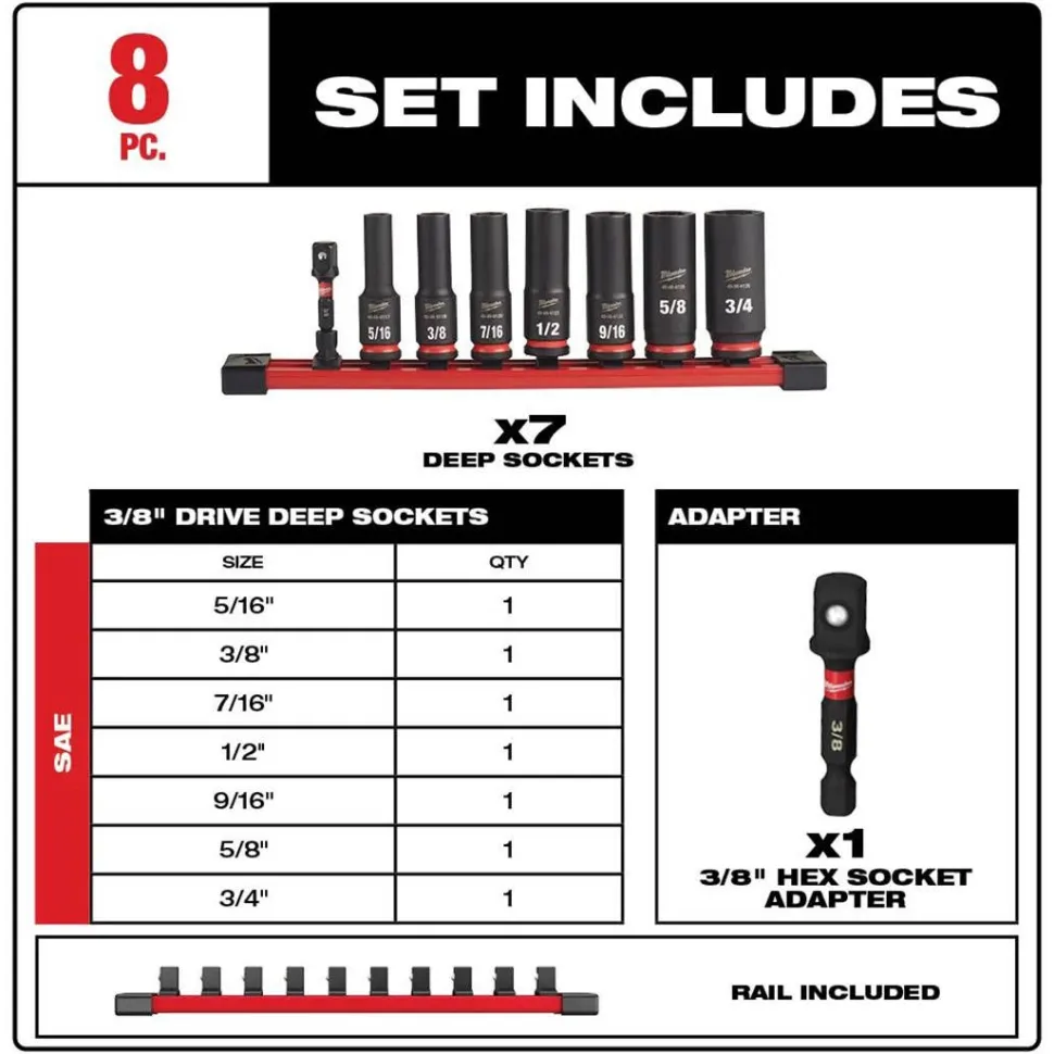 Milwaukee 8 Piece Shockwave Impact Duty 3/8" Drive SAE Deep 6 Point Socket Set 49-66-7024