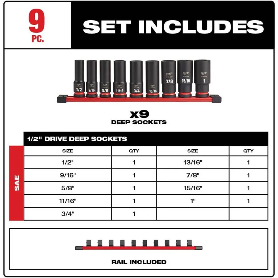 Milwaukee 9 Piece Shockwave Impact Duty 1/2" Drive SAE Deep 6 Point Socket Set 49-66-7022